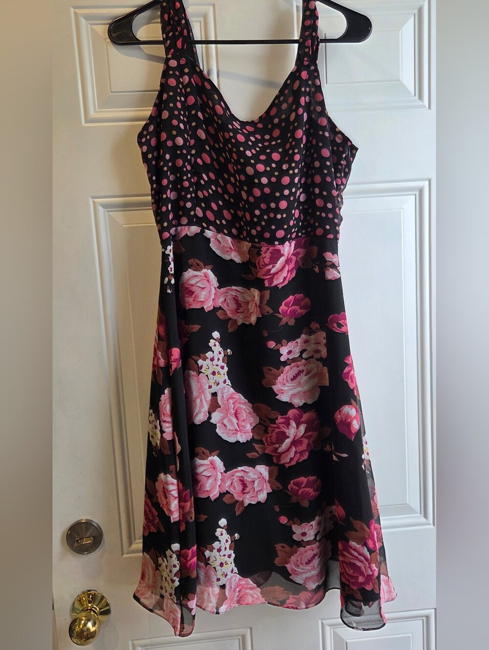 Y2K Black Floral & Polka Dot A-Line Dress with Pink Roses Size Medium